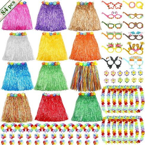 84 Pcs Hawaiian Luau Party Supplies, Adjustable Grass Hula Skirts Set with Leis Necklaces Headbands Bracelets, Hair Clips and Glasses for Tropical Birthday Party Decor and Favors in Saudi Arabia