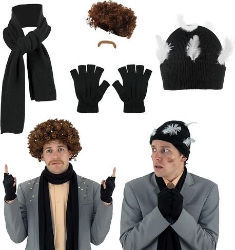 5 Pcs Christmas Harry and Marv Costume Afro Wig Beanie Hat with Feathers Scarf Gloves Halloween Wet Bandits Outfit in Saudi Arabia