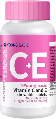 Premium Vitamin C + Vitamin E Chewable - Natural VIT C and VIT E Supplement for Dual Antioxidant, Heart, Circulatory, and Immune System Support - 60 Orange Tablets in Saudi Arabia