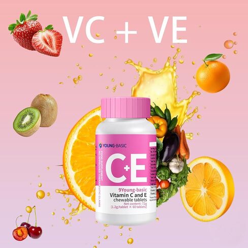 Premium Vitamin C + Vitamin E Chewable - Natural VIT C and VIT E Supplement for Dual Antioxidant, Heart, Circulatory, and Immune System Support - 60 Orange Tablets in Saudi Arabia