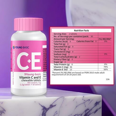Premium Vitamin C + Vitamin E Chewable - Natural VIT C and VIT E Supplement for Dual Antioxidant, Heart, Circulatory, and Immune System Support - 60 Orange Tablets in Saudi Arabia