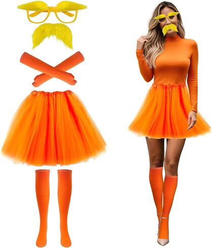 Yellow Mustache and Eyebrows with Glasses Orange Tutu Skirt Socks Gloves Headband Set, Halloween Costume Accessories for Girls Cosplay Costume Set Funny Fake Beard Party Favor in Kuwait