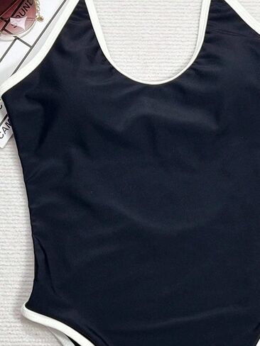 Sexy Colorblock Backless One-Piece Swimsuit for Women High Stretch Spaghetti Strap Monokini for Beach and Vacation in Saudi Arabia