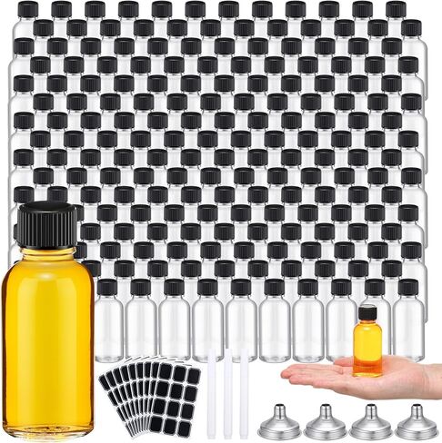 Hsei 24 Pcs 1 oz Glass Bottle with Black Cap Clear Sample Boston Round Bottle Small Glass Containers with Lids 1 oz Bottles with Funnel Chalk Labels Pen for Vanilla Extract Essential Oils (2 Sheet) in Kuwait