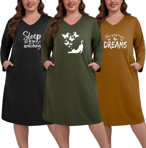 3 Pack Plus Size Nightgowns for Women V Neck Nightshirts Long Sleeve Printed Sleepwear Soft Loungewear in Saudi Arabia