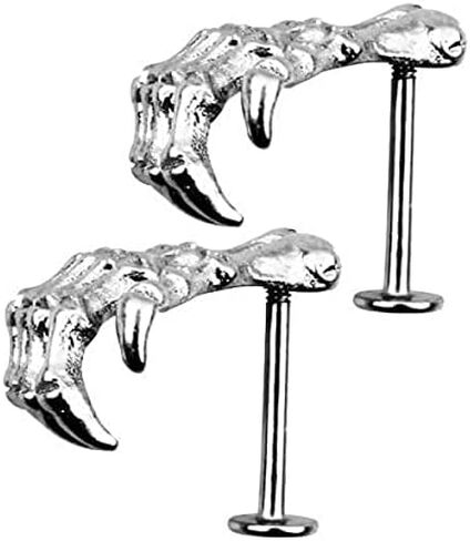 2X 2pcs Stainless Steel Skull Hand Earring Tragus Lip 16G Bar Jewelry - Gothic Skeleton Hand Ear Cuff Piercing Labret Studs Rings for Men and Women in Saudi Arabia