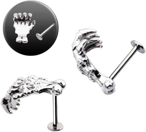 2X 2pcs Stainless Steel Skull Hand Earring Tragus Lip 16G Bar Jewelry - Gothic Skeleton Hand Ear Cuff Piercing Labret Studs Rings for Men and Women in Saudi Arabia