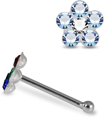 Multi Crystal Stone Flower Design 22 Gauge 925 Sterling Silver Ball End Nose Pin - Nose Stud - Tiny Nose Ring - Nose Piercing Body Jewelry in Saudi Arabia