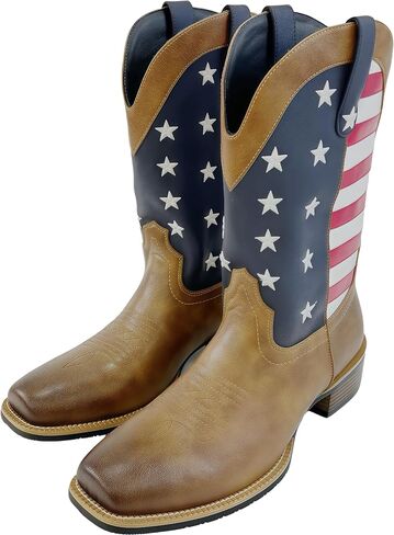 Men's Western Cowboy Boots Mid Calf Pull-On Cowboy Boots For Men US Star Embroidery Rubber Outsole Wide Square Toe Classic Cowboy Style Perfect For Pairing With Jeans & Riding/Casual Wear in Kuwait