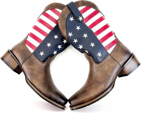 Men's Western Cowboy Boots Mid Calf Pull-On Cowboy Boots For Men US Star Embroidery Rubber Outsole Wide Square Toe Classic Cowboy Style Perfect For Pairing With Jeans & Riding/Casual Wear in Kuwait