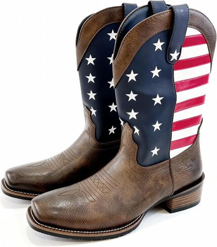 Men's Western Cowboy Boots Mid Calf Pull-On Cowboy Boots For Men US Star Embroidery Rubber Outsole Wide Square Toe Classic Cowboy Style Perfect For Pairing With Jeans & Riding/Casual Wear in Kuwait