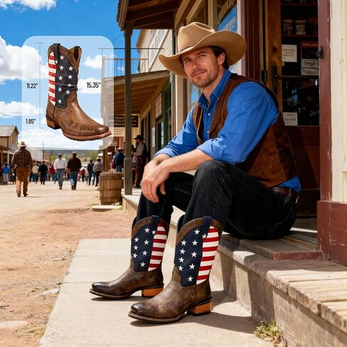Men's Western Cowboy Boots Mid Calf Pull-On Cowboy Boots For Men US Star Embroidery Rubber Outsole Wide Square Toe Classic Cowboy Style Perfect For Pairing With Jeans & Riding/Casual Wear in Kuwait