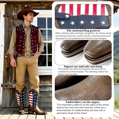 Men's Western Cowboy Boots Mid Calf Pull-On Cowboy Boots For Men US Star Embroidery Rubber Outsole Wide Square Toe Classic Cowboy Style Perfect For Pairing With Jeans & Riding/Casual Wear in Kuwait