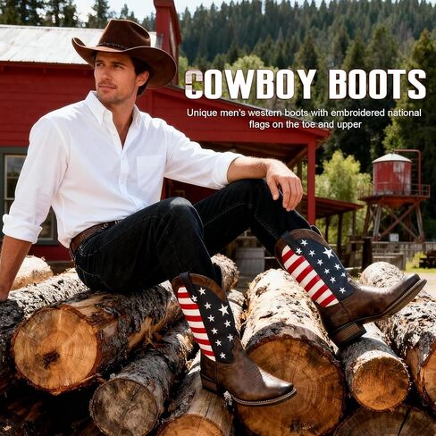Men's Western Cowboy Boots Mid Calf Pull-On Cowboy Boots For Men US Star Embroidery Rubber Outsole Wide Square Toe Classic Cowboy Style Perfect For Pairing With Jeans & Riding/Casual Wear in Kuwait