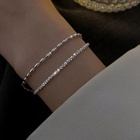 2PCS 925 Sterling Silver Bracelet Set - Paper Clip Chain & Multi-Layer Design, Trendy Women's Jewelry for Party & Daily Wear in Saudi Arabia