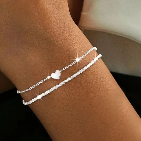 2PCS 925 Sterling Silver Bracelet Set - Paper Clip Chain & Multi-Layer Design, Trendy Women's Jewelry for Party & Daily Wear in Saudi Arabia