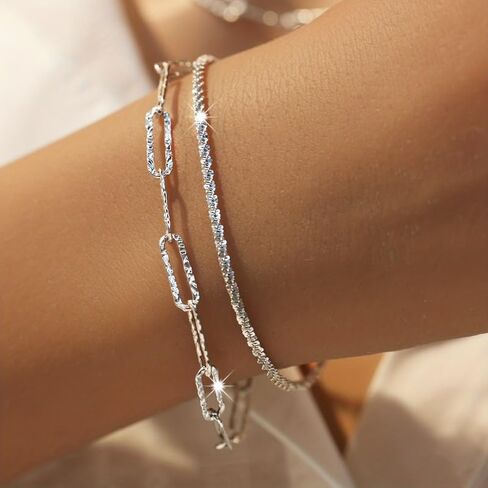 2PCS 925 Sterling Silver Bracelet Set - Paper Clip Chain & Multi-Layer Design, Trendy Women's Jewelry for Party & Daily Wear in Saudi Arabia