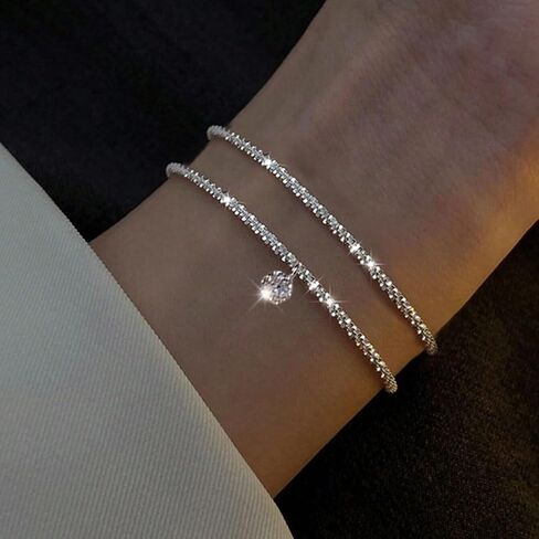 2PCS 925 Sterling Silver Bracelet Set - Paper Clip Chain & Multi-Layer Design, Trendy Women's Jewelry for Party & Daily Wear in Saudi Arabia
