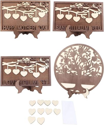 Wooden Family Names Tree Frame, 4Pcs Desktop Ornaments, Engraved Heart and Tree Patterns with Stand Base, Elegant Home Decor for Weddings Birthdays Thanksgiving, Synthetic Wood Mat in Saudi Arabia