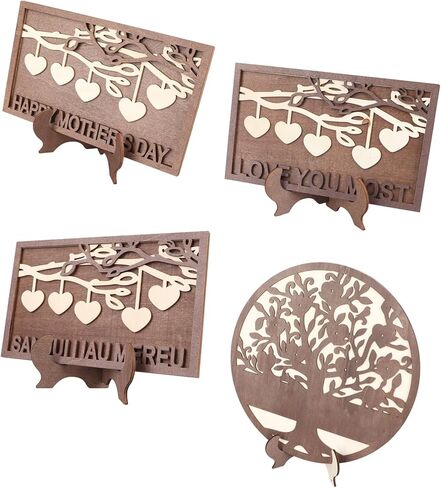 Wooden Family Names Tree Frame, 4Pcs Desktop Ornaments, Engraved Heart and Tree Patterns with Stand Base, Elegant Home Decor for Weddings Birthdays Thanksgiving, Synthetic Wood Mat in Saudi Arabia