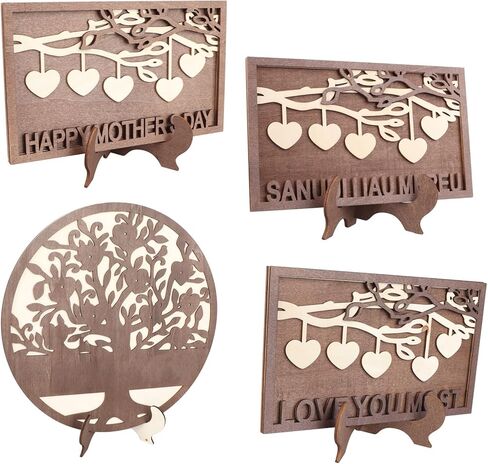 Wooden Family Names Tree Frame, 4Pcs Desktop Ornaments, Engraved Heart and Tree Patterns with Stand Base, Elegant Home Decor for Weddings Birthdays Thanksgiving, Synthetic Wood Mat in Saudi Arabia