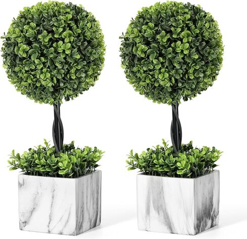Lewondr 16'' Artificial Topiary Ball Tree, Small Potted Fake Plants, Artificial Boxwood Plants with White Planter Pot, Outdoor Indoor Realistic Faux Shrubs Tree for Home Office Porch Decor, Set of 2 in Saudi Arabia