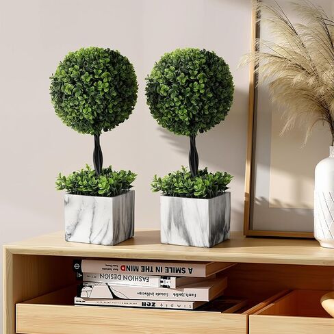 Lewondr 16'' Artificial Topiary Ball Tree, Small Potted Fake Plants, Artificial Boxwood Plants with White Planter Pot, Outdoor Indoor Realistic Faux Shrubs Tree for Home Office Porch Decor, Set of 2 in Saudi Arabia