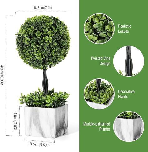 Lewondr 16'' Artificial Topiary Ball Tree, Small Potted Fake Plants, Artificial Boxwood Plants with White Planter Pot, Outdoor Indoor Realistic Faux Shrubs Tree for Home Office Porch Decor, Set of 2 in Saudi Arabia