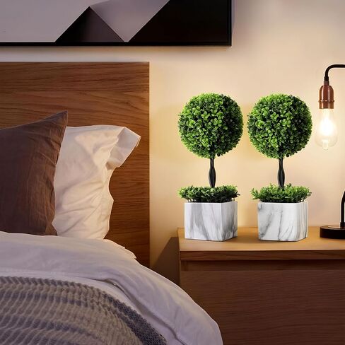 Lewondr 16'' Artificial Topiary Ball Tree, Small Potted Fake Plants, Artificial Boxwood Plants with White Planter Pot, Outdoor Indoor Realistic Faux Shrubs Tree for Home Office Porch Decor, Set of 2 in Saudi Arabia