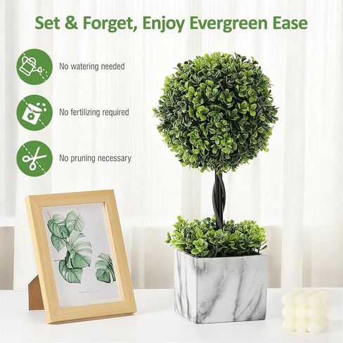 Lewondr 16'' Artificial Topiary Ball Tree, Small Potted Fake Plants, Artificial Boxwood Plants with White Planter Pot, Outdoor Indoor Realistic Faux Shrubs Tree for Home Office Porch Decor, Set of 2 in Saudi Arabia