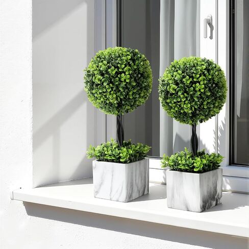 Lewondr 16'' Artificial Topiary Ball Tree, Small Potted Fake Plants, Artificial Boxwood Plants with White Planter Pot, Outdoor Indoor Realistic Faux Shrubs Tree for Home Office Porch Decor, Set of 2 in Saudi Arabia