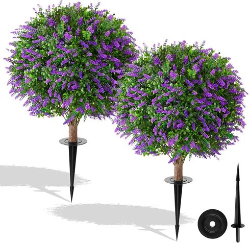 Artificial Lavender Topiary Ball Trees,25'' Set of 2 Artificial Topiary Ball Artificial Shrub Bushes with Ground Spike,UV Resistant Artificial Plants for Indoor Outdoor Front Porch Garden(Lavender) in Saudi Arabia