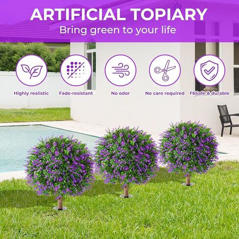 Artificial Lavender Topiary Ball Trees,25'' Set of 2 Artificial Topiary Ball Artificial Shrub Bushes with Ground Spike,UV Resistant Artificial Plants for Indoor Outdoor Front Porch Garden(Lavender) in Saudi Arabia