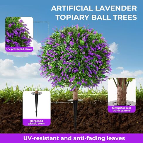 Artificial Lavender Topiary Ball Trees,25'' Set of 2 Artificial Topiary Ball Artificial Shrub Bushes with Ground Spike,UV Resistant Artificial Plants for Indoor Outdoor Front Porch Garden(Lavender) in Saudi Arabia
