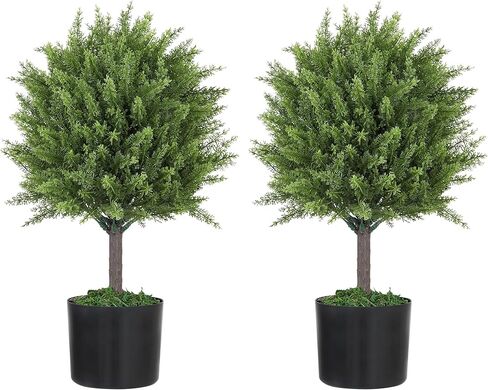 HOMCOM Artificial Plants Set of 2 Decorative Cedar Topiary Trees in Pots, Fake Plants for Home Indoor Outdoor Front Porch, 21.7 inch, Green in Saudi Arabia