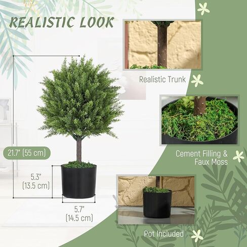 HOMCOM Artificial Plants Set of 2 Decorative Cedar Topiary Trees in Pots, Fake Plants for Home Indoor Outdoor Front Porch, 21.7 inch, Green in Saudi Arabia