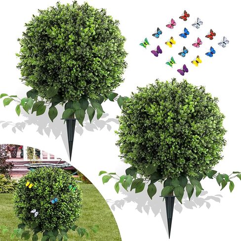 28" Artificial Boxwood Ball Bush, UV Resistant Topiary Tree Faux Boxwood Ball Shaped Porch Bushes with Ground Spike Artificial Bushes for Outdoors Front Door Decor Home Garden in Saudi Arabia