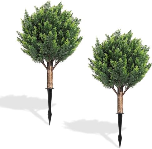 Shinoske 23" Boxwood Topiary Balls Christmas Tree Artificial Outdoor,Set of 2 Outdoor Fake Bushes Plant with Ground Spike,UV Resistant Artificial Plants for Garden,Porch,Yard,Balcony Decor in Saudi Arabia