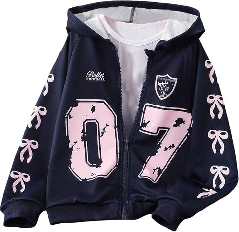 Girl's Number Bowknot Graphic Sweatshirts Zip Up Hoodies Jersey Sweatshirt in Saudi Arabia
