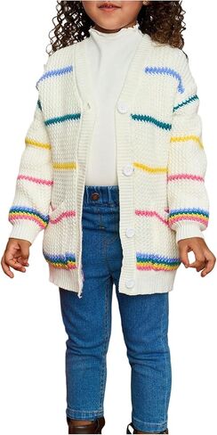 GORGLITTER Girl's Rainbow Striped Button Up Cardigan V Neck Long Sleeve Open Front Cute Knit Fall Sweater Tops in Saudi Arabia