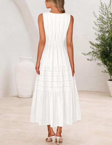 MEROKEETY Summer Midi Dresses for Women 2026 Spring Casual Vacation Sleeveless Boho V Neck Tiered Maxi Dress Pockets in Saudi Arabia