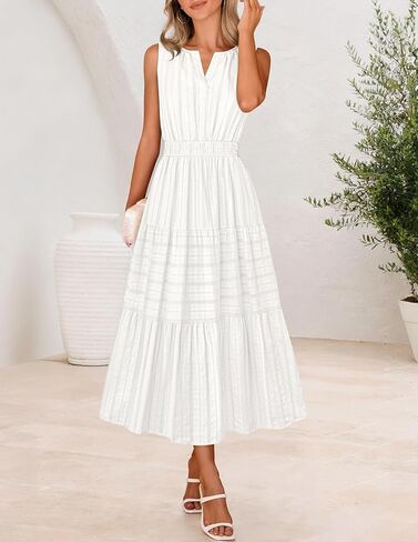 MEROKEETY Summer Midi Dresses for Women 2026 Spring Casual Vacation Sleeveless Boho V Neck Tiered Maxi Dress Pockets in Saudi Arabia