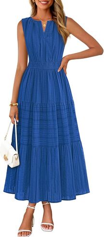 MEROKEETY Summer Midi Dresses for Women 2026 Spring Casual Vacation Sleeveless Boho V Neck Tiered Maxi Dress Pockets in Saudi Arabia