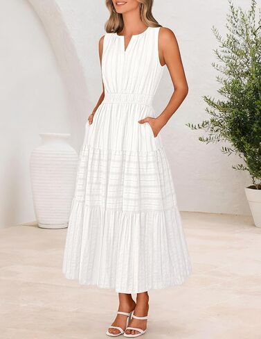 MEROKEETY Summer Midi Dresses for Women 2026 Spring Casual Vacation Sleeveless Boho V Neck Tiered Maxi Dress Pockets in Saudi Arabia