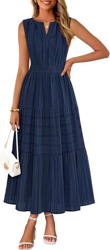 MEROKEETY Summer Midi Dresses for Women 2026 Spring Casual Vacation Sleeveless Boho V Neck Tiered Maxi Dress Pockets in Saudi Arabia