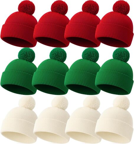 12 Pieces Tricolor Warm Christmas Beanie Knitted Hats DIY Xmas Christmas Santa Hat with Pom Pom Soft Winter Hat Knit Cap for Adults in Saudi Arabia
