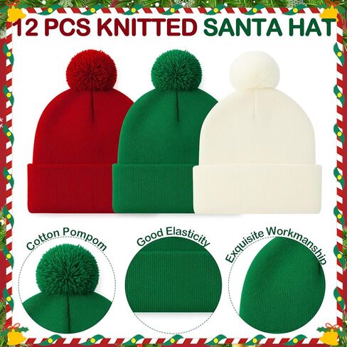 12 Pieces Tricolor Warm Christmas Beanie Knitted Hats DIY Xmas Christmas Santa Hat with Pom Pom Soft Winter Hat Knit Cap for Adults in Saudi Arabia