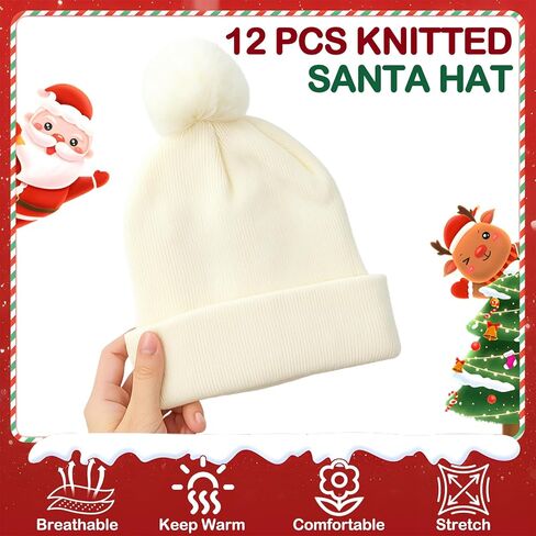12 Pieces Tricolor Warm Christmas Beanie Knitted Hats DIY Xmas Christmas Santa Hat with Pom Pom Soft Winter Hat Knit Cap for Adults in Saudi Arabia