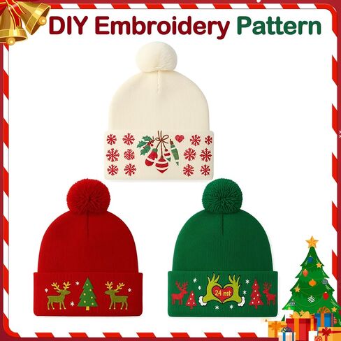 12 Pieces Tricolor Warm Christmas Beanie Knitted Hats DIY Xmas Christmas Santa Hat with Pom Pom Soft Winter Hat Knit Cap for Adults in Saudi Arabia