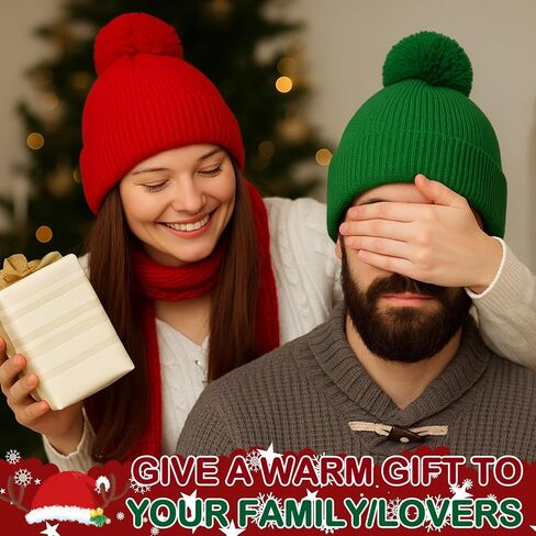12 Pieces Tricolor Warm Christmas Beanie Knitted Hats DIY Xmas Christmas Santa Hat with Pom Pom Soft Winter Hat Knit Cap for Adults in Saudi Arabia